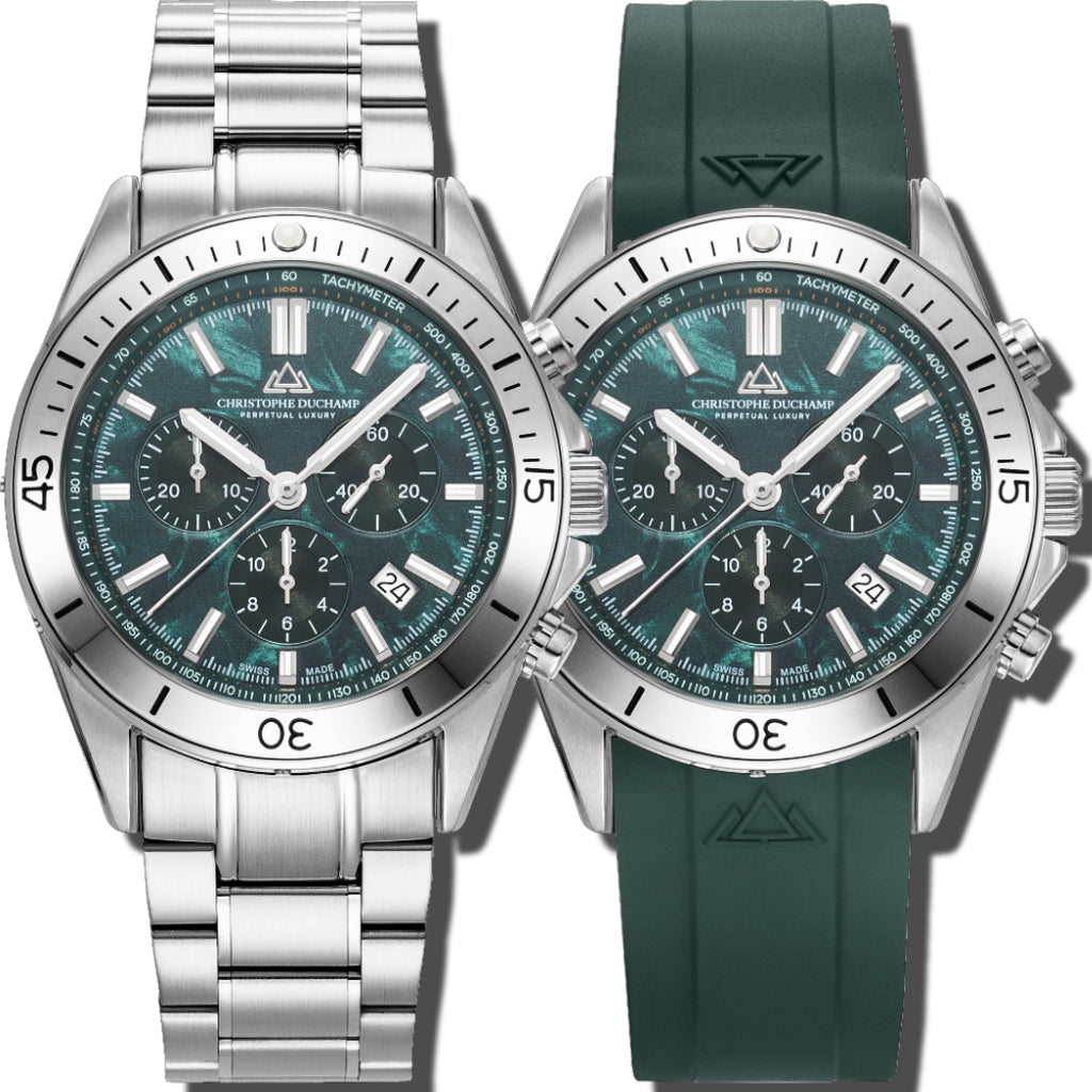 Christophe Duchamp Stratos - Green Dial with Silver Stainless Steel Strap & Green Rubber Strap