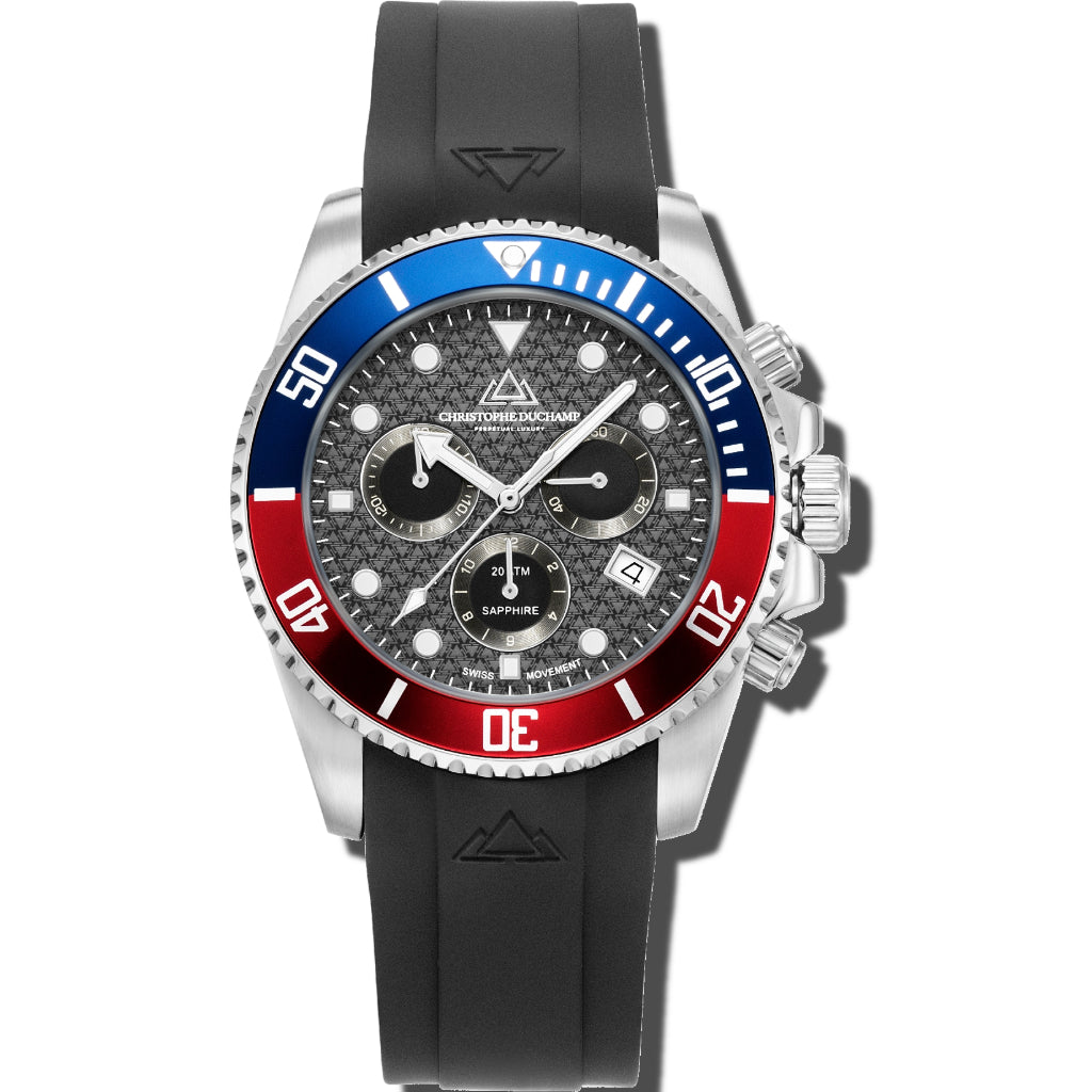 Christophe Duchamp Marine Chrono Rubber - Black Dial with Silver Case, Blue & Red Bezel and Black Rubber Strap