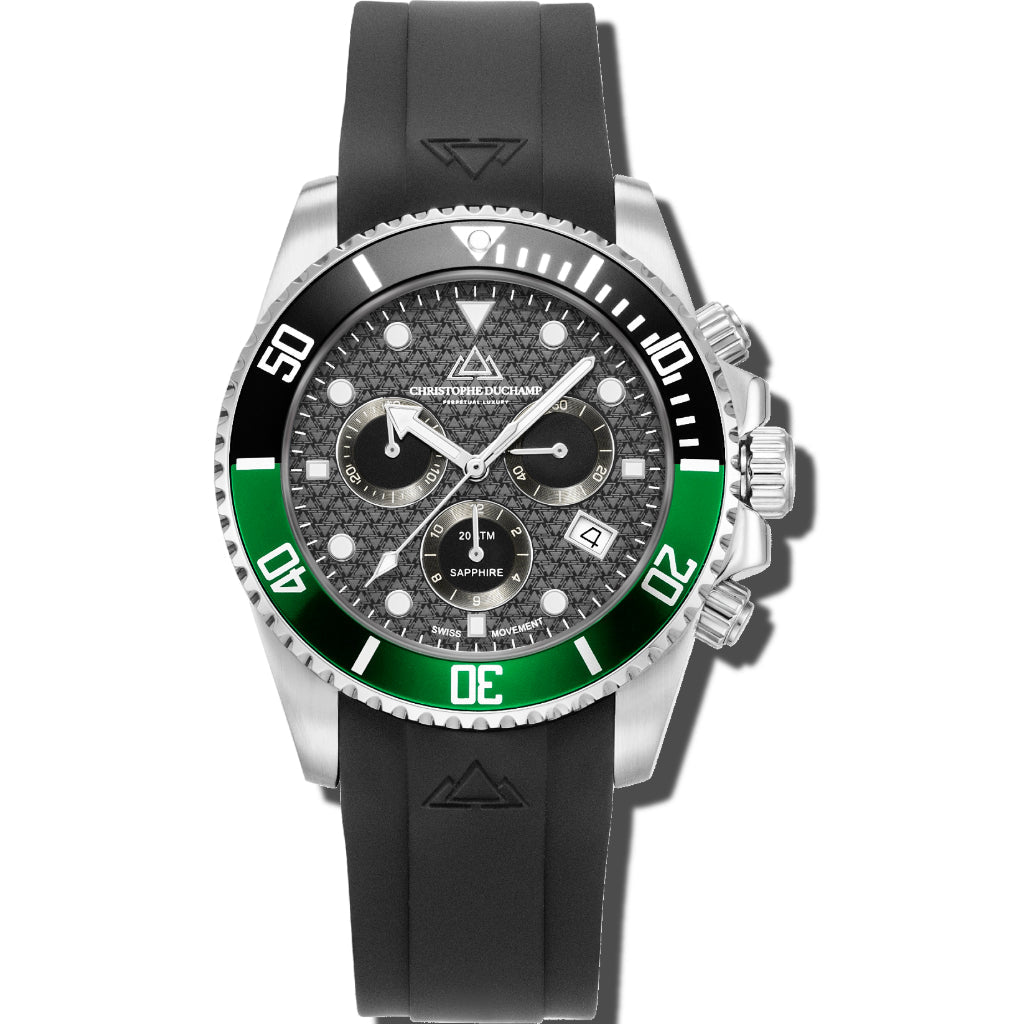 Christophe Duchamp Marine Chrono Rubber - Black Dial with Silver Case, Black & Green Bezel and Black Rubber Strap