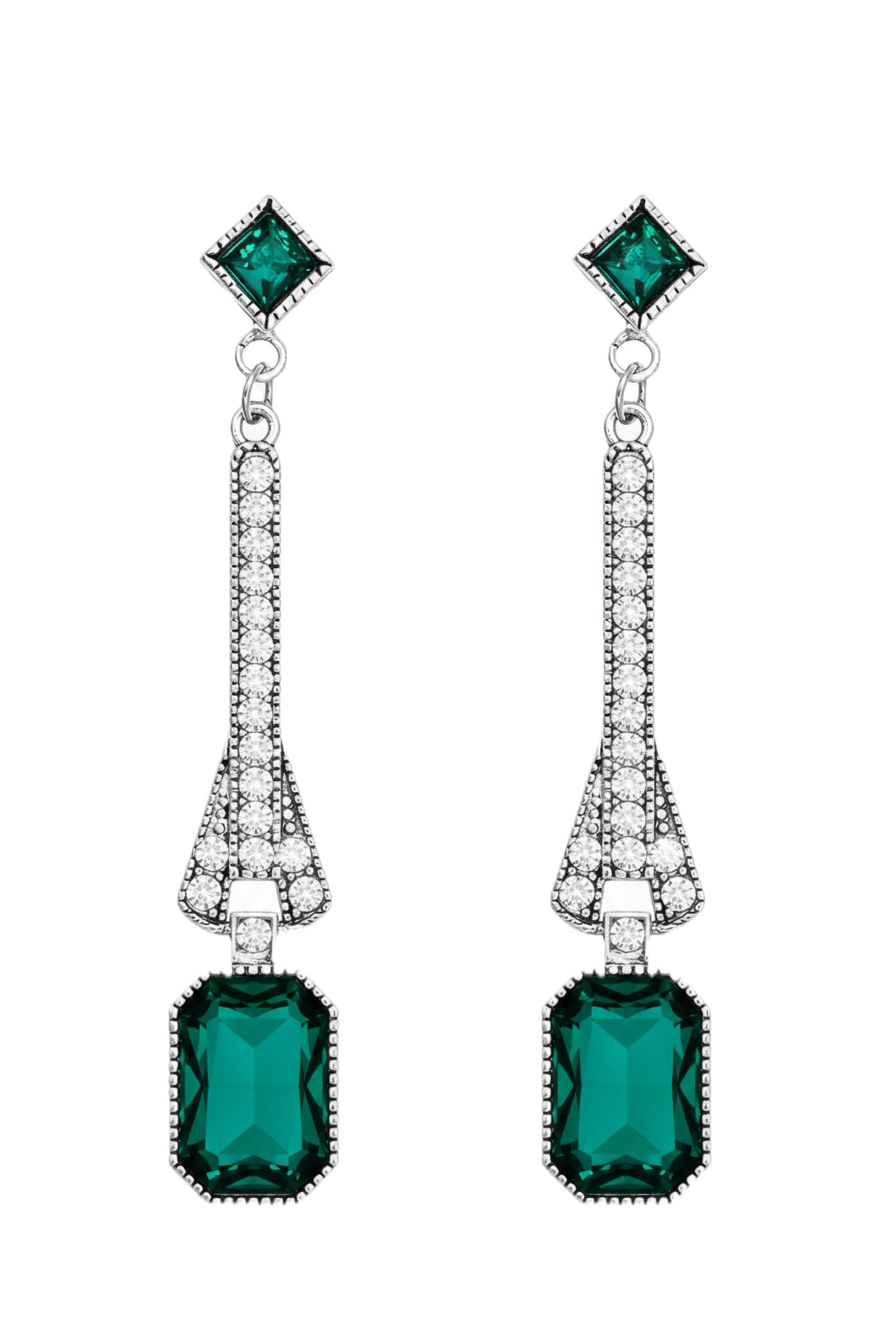 Liv Oliver 18K White Gold Green Long Statement Drop Earrings