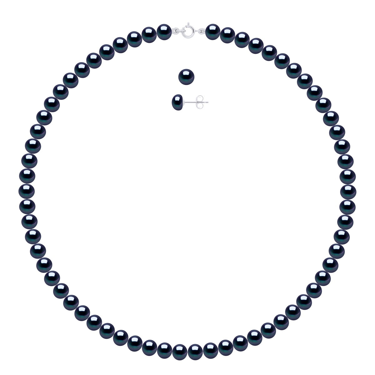 Set Being Composed of : Necklace of Real Cultured Freshwater Pearls Semi Round 6-7 mm with Spring Ring Clasp In Silver 925 - Black Tahiti - Longueur 42 cm