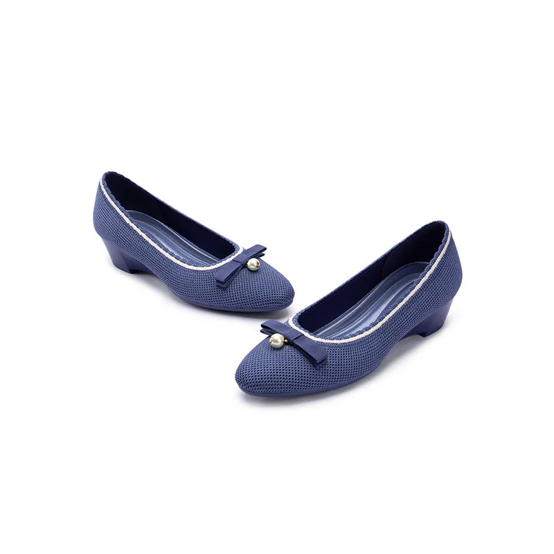 Shallow Wedge Pearl Bow Work Shoes - Indigo