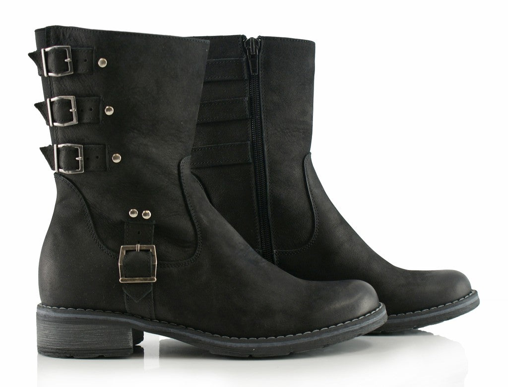 Bosccolo Womens Boots With Buckles - Black Nubuk