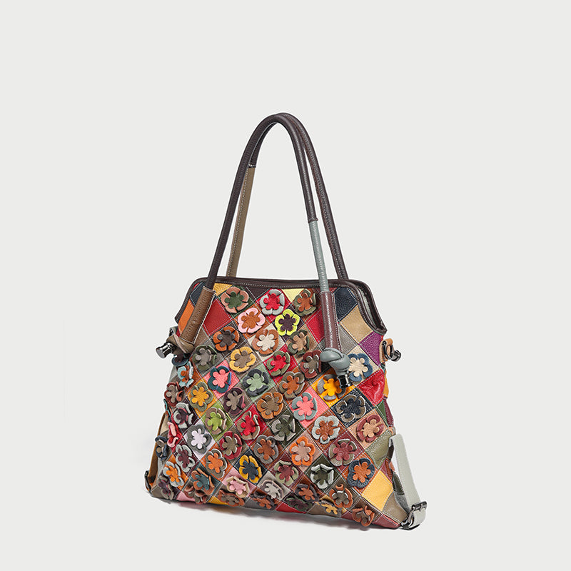 Floral Patchwork Leather Tote Bag - Rainbow