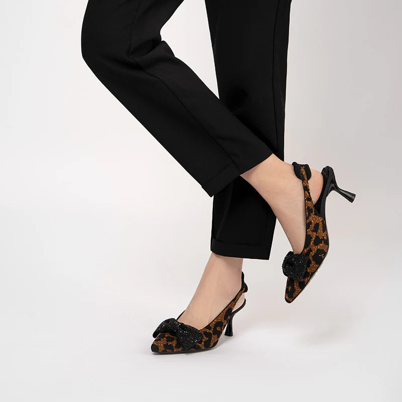 Rhinestone Bow Slingback Kitten Heels - Leopard