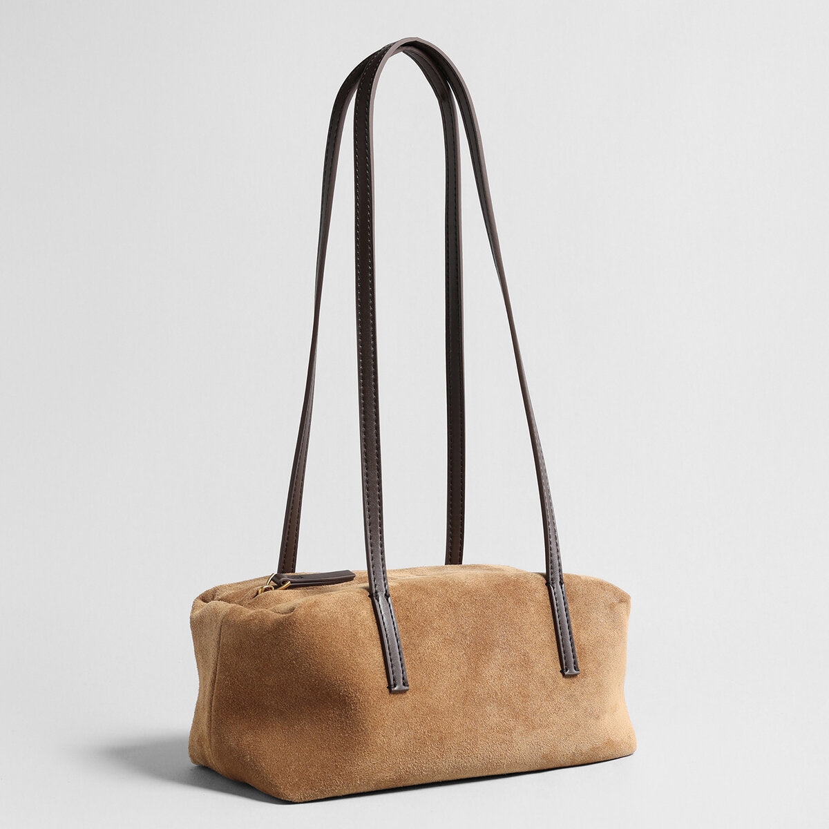 Suede Leather Structured Bowling Bag - Camel