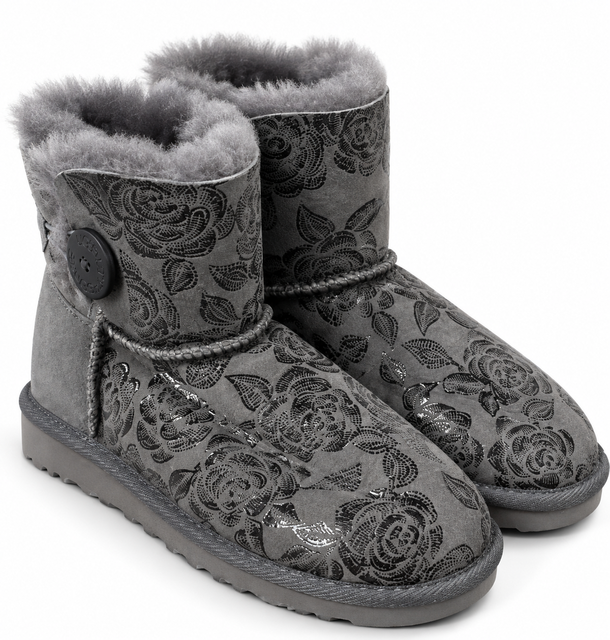 Australian Leather Ugg 1Button Floral Short - Grey - AU5
