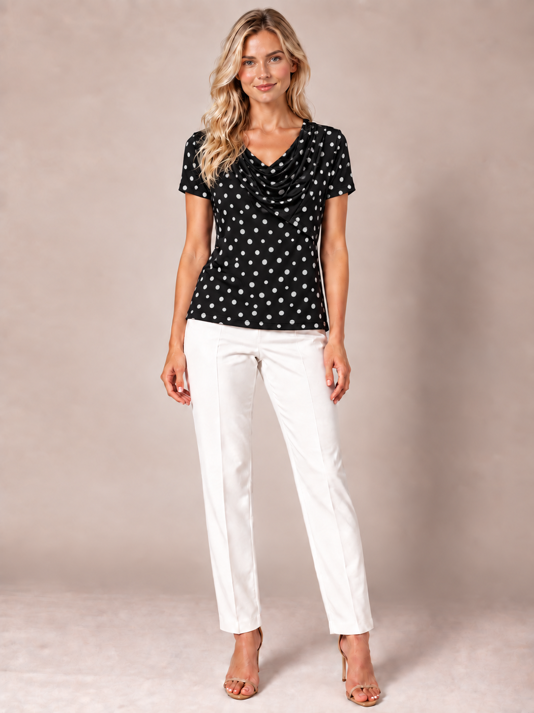 Worship Women's Cowl Neck Top - BlackPolkaDot