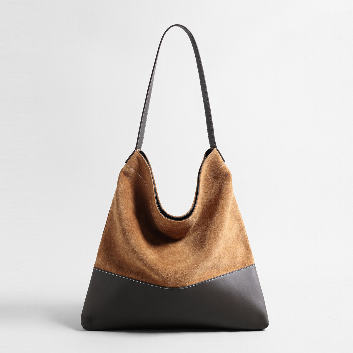 Suede & Leather Two-Tone Hobo Bag - Brown