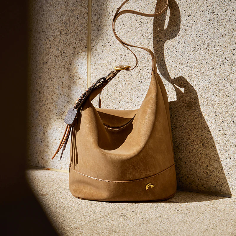 Nalandu Vintage Suede Hobo Bucket Bag - Camel