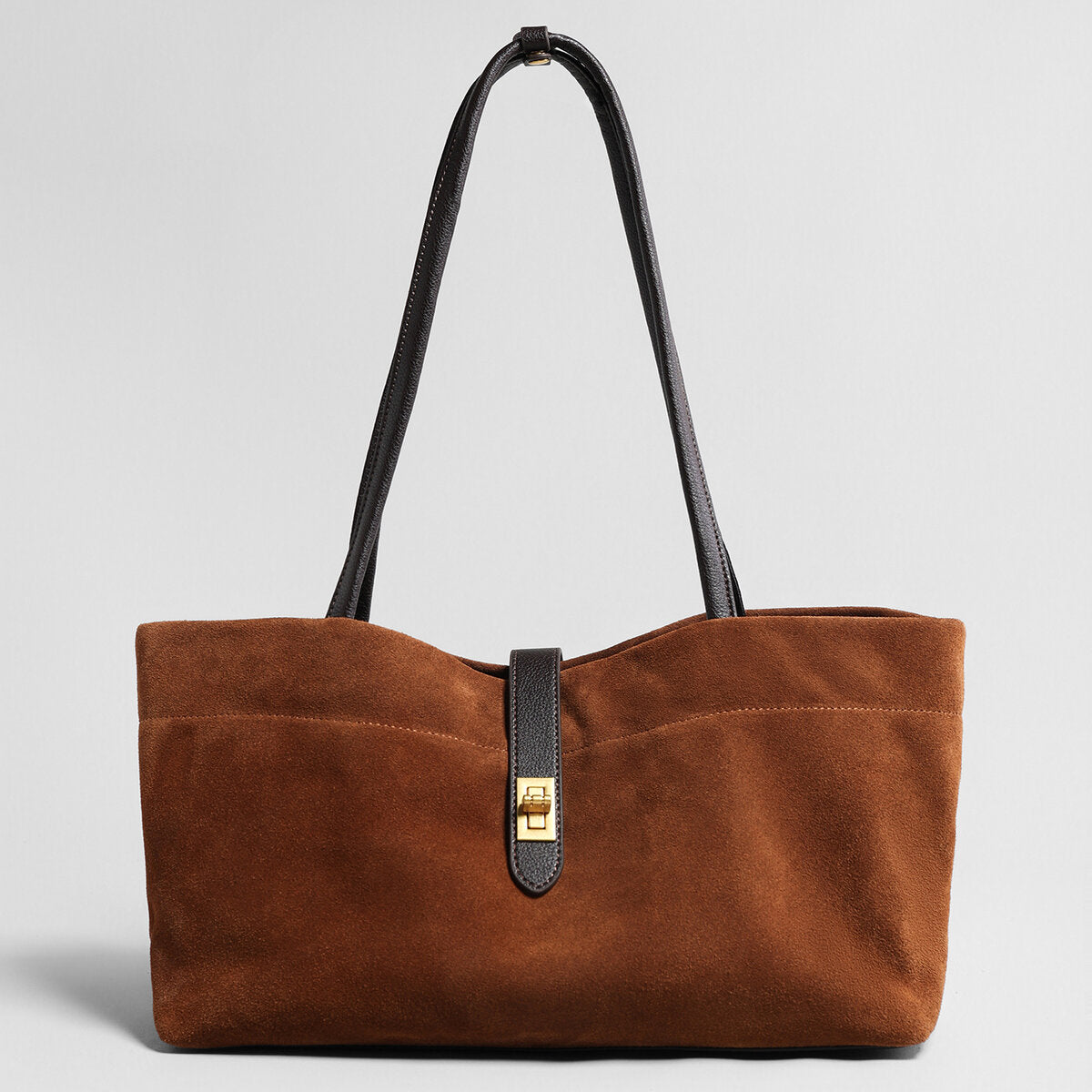 Suede Leather Turn-Lock Tote Bag - Brown