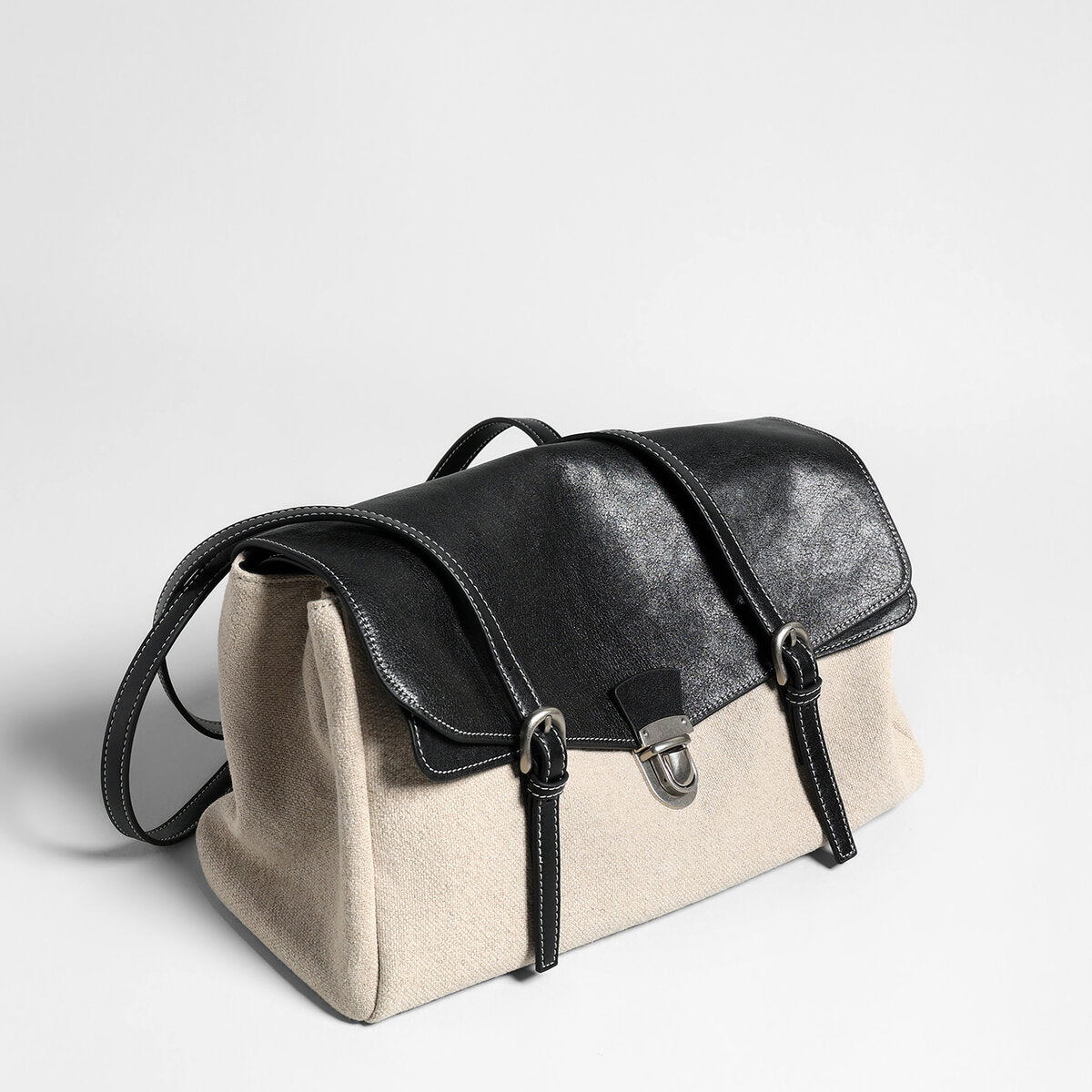 Canvas & Calfskin Leather Flap Tote Bag - Ivory