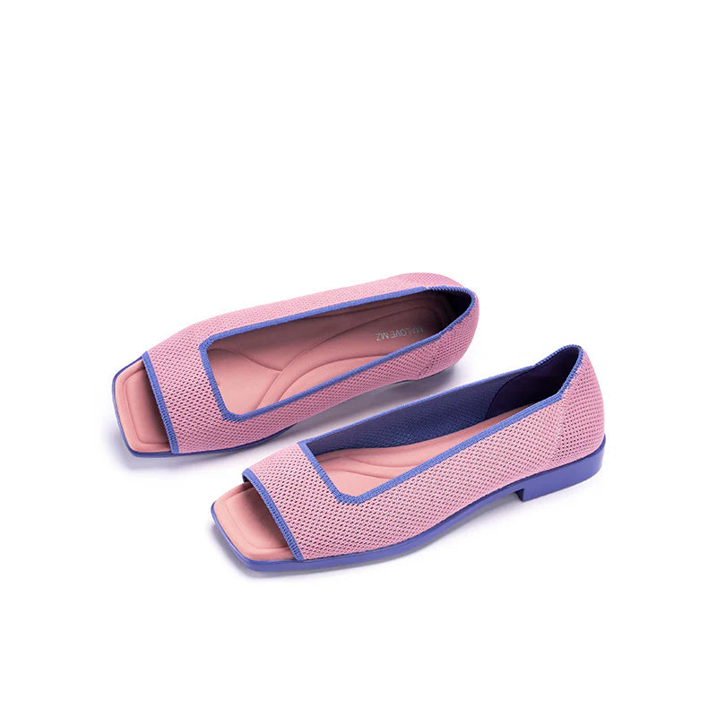 Colorblock Peep Toe Knit Flats - Pink