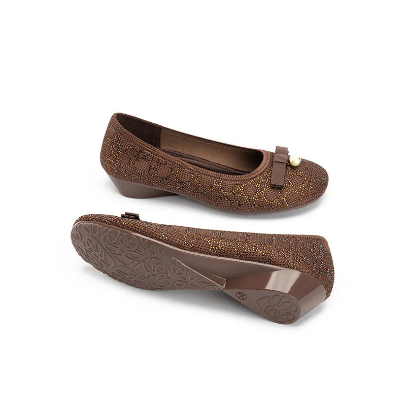 Pearl Bow Czech Crystal Knit Round Toe Wedge Pumps - Chocolate