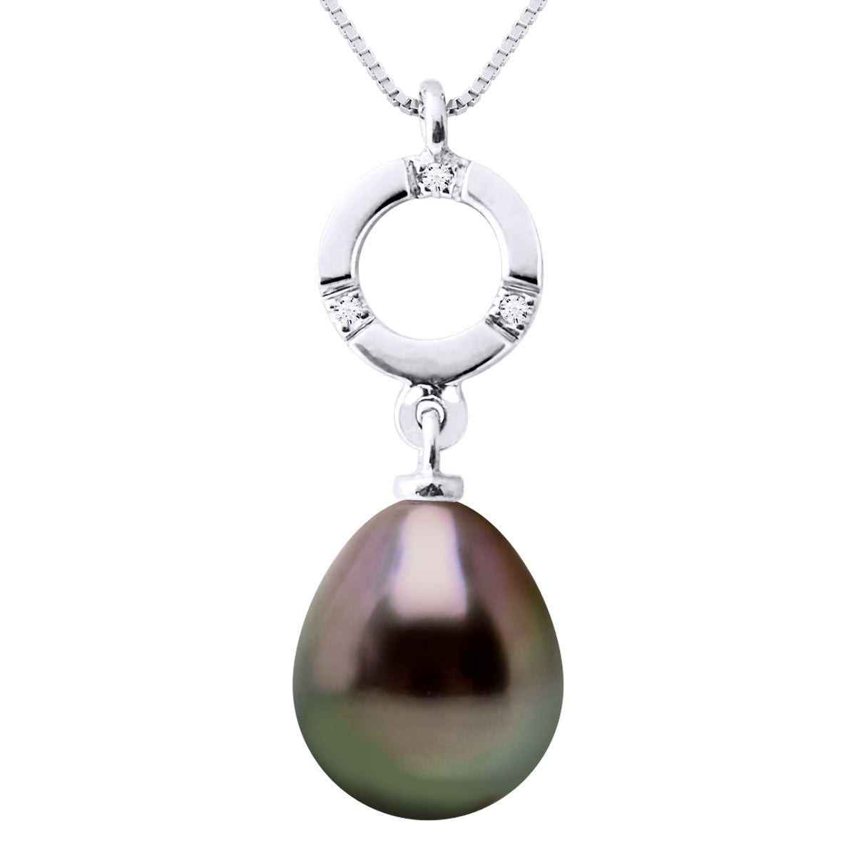 Pendant Jewelry 0,01 Cts ( 3 X 0,0035 Cts ) White Gold 375 and Real Cultured Tahiti Pearl Pear 9-10 mm - Longueur 42 cm