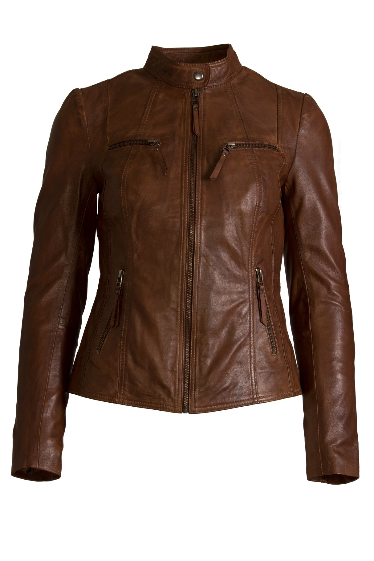 Womens Leather Biker Jacket in Dark Tan