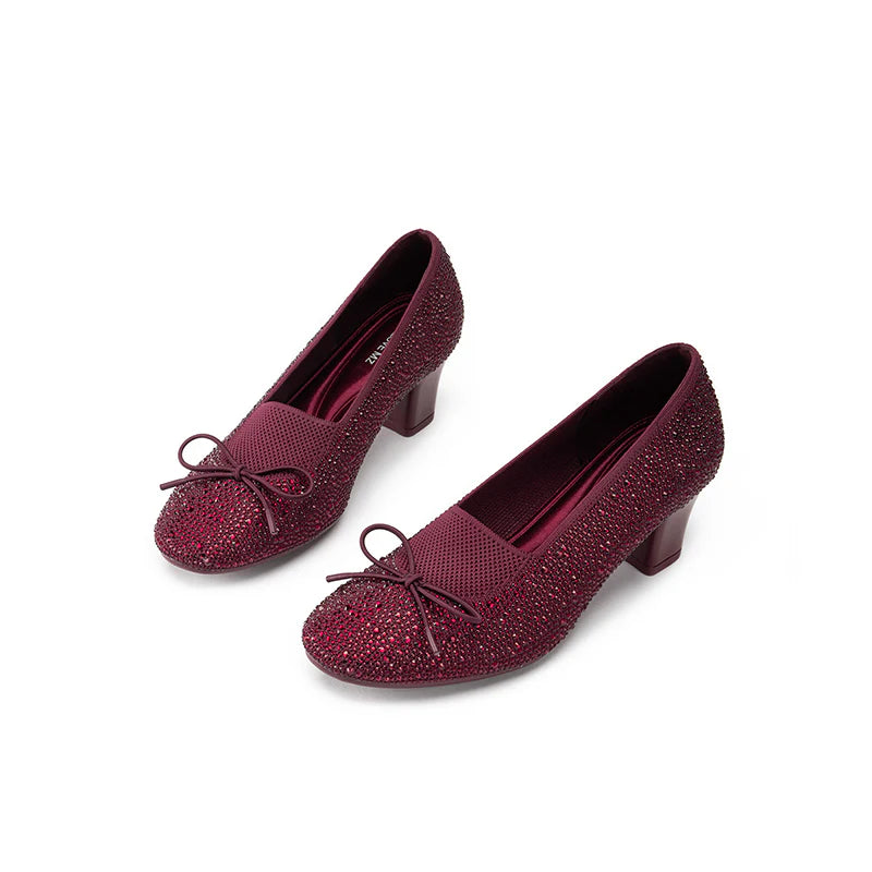 Rhinestone Bow Knit Round Toe Block Heel Pumps - Wine
