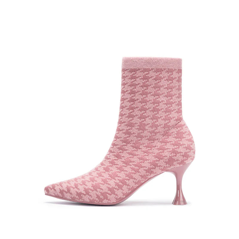 Pointed Toe Stiletto Heel Stretch Ankle Boots - Pink
