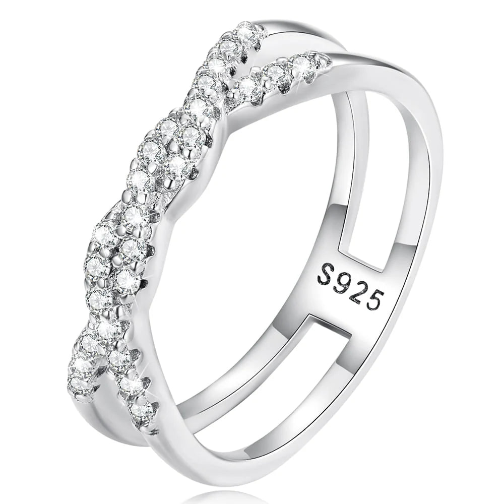 Solid 925 Sterling Silver Crystals Braided Ring