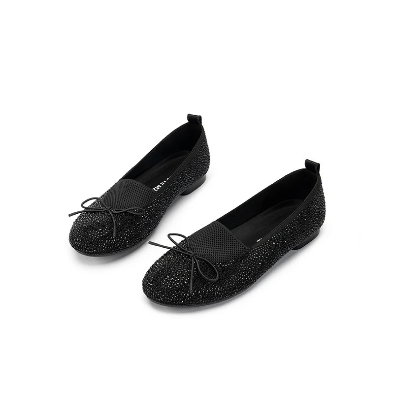 Rhinestone Bow Knit Round Toe Ballet Flats - Black