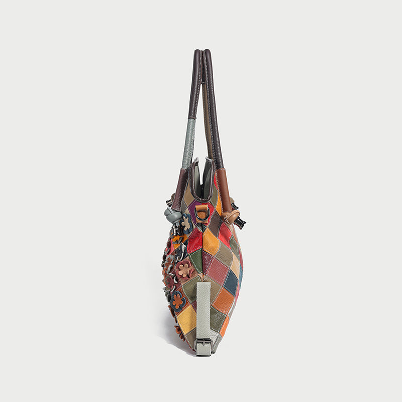 Floral Patchwork Leather Tote Bag - Rainbow