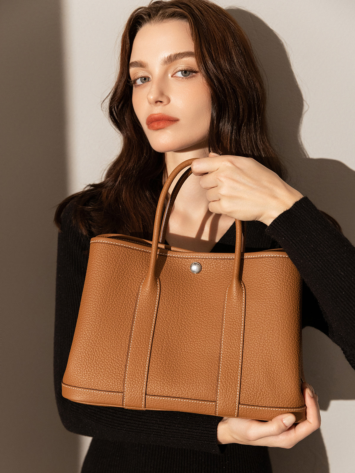 La Rochelle Pebbled Leather Top Handle Tote Bag - Brown