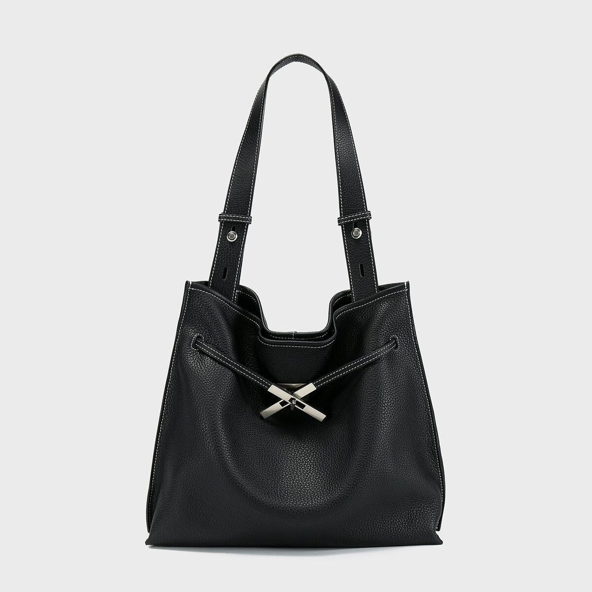 Pebbled Leather Slouchy Hobo Tote - Black