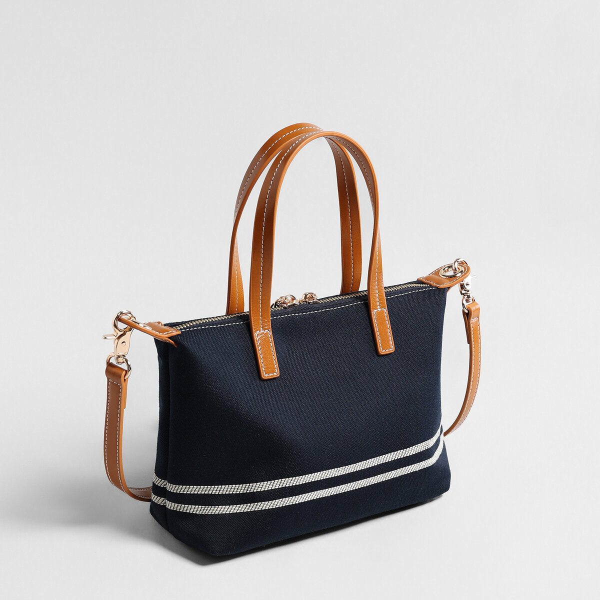 Canvas Leather Trim Mini Tote - Navy