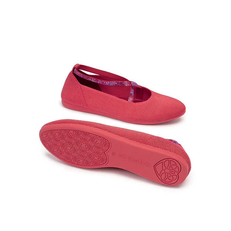 Rhinestone Cross Strap Knit Ballet Flats - Watermelon