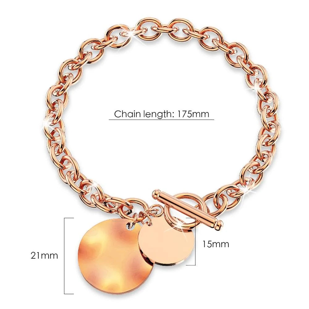 Bullion Gold Hammered Disc Charm Belcher T-Bar Toggle Bracelet in Rose Gold Layered Steel Jewellery