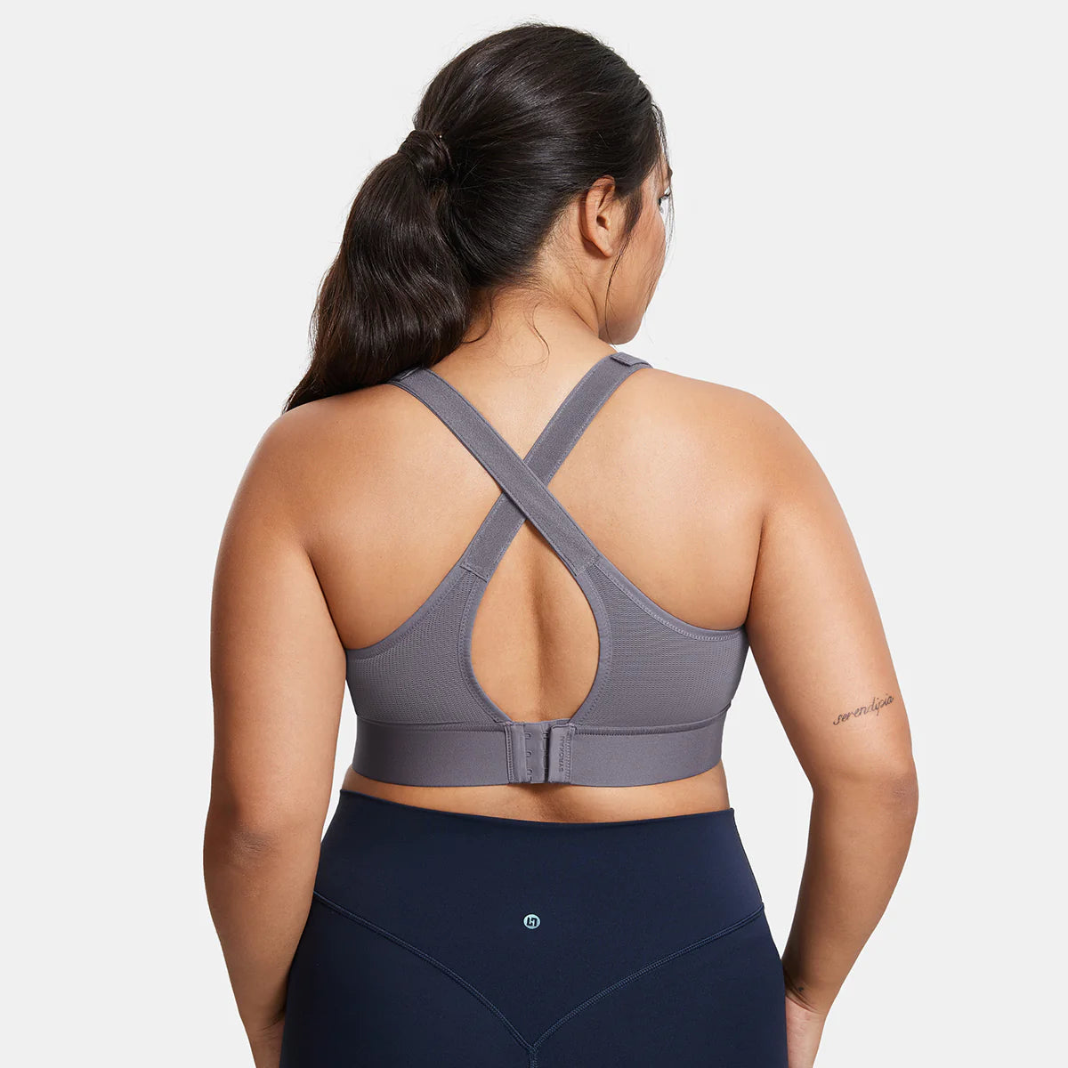 Zip Front Large Padded High Impact Sports Bra - Grey
