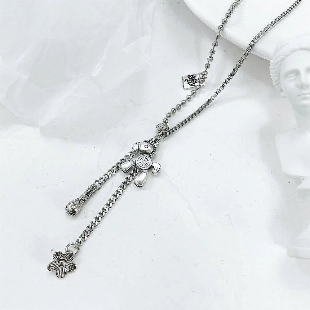 Bullion Gold Petite Pony and Flower Long Chain Necklace in White Gold