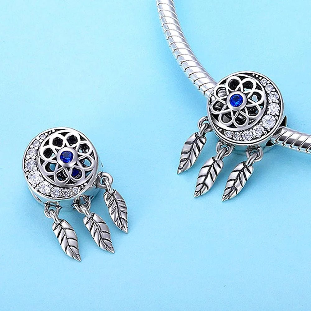 Solid 925 Sterling Silver Dream Catcher Sapphire Blue CZ Charm