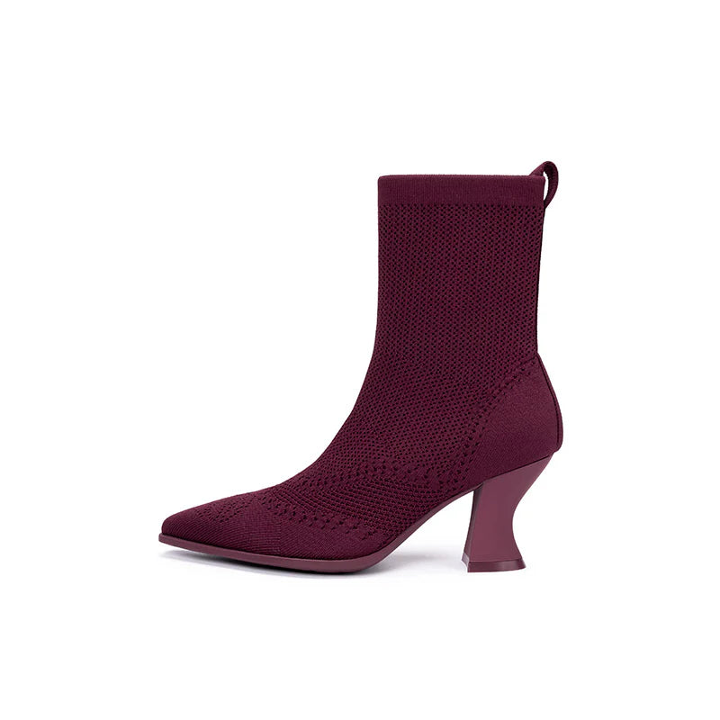 Pointed Toe Knit Sock Boots - Wine