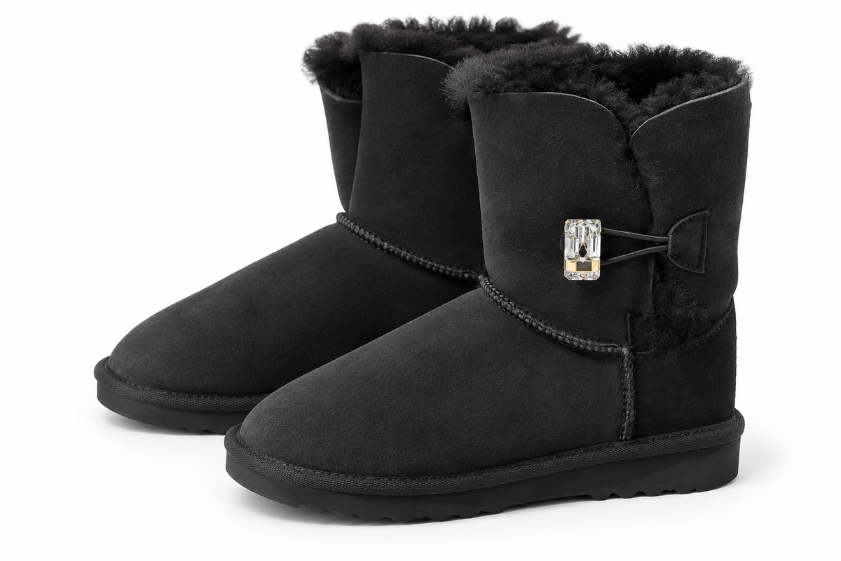 Australian Leather Ugg Swarovski Elements 1button - Black - AU4