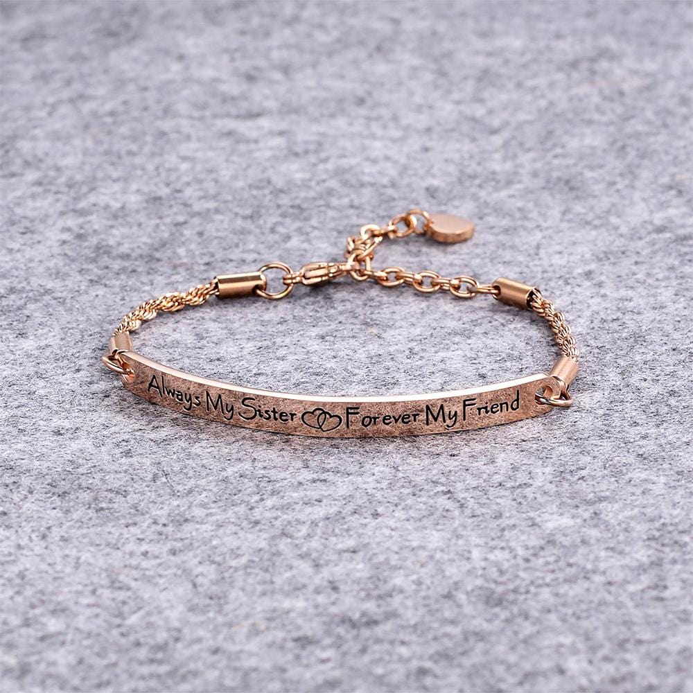 Bullion Gold Sisters Forever Inscriptions Rose Gold Bar Bracelet