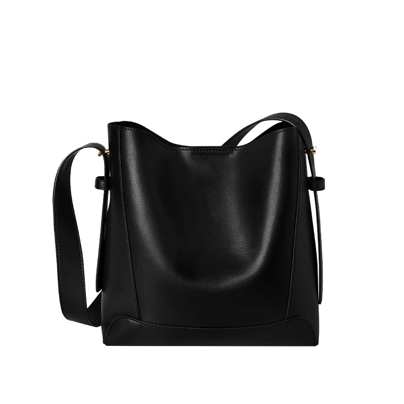 Nalandu Luxe Genuine Leather Bucket Tote Shoulder Bag - Black
