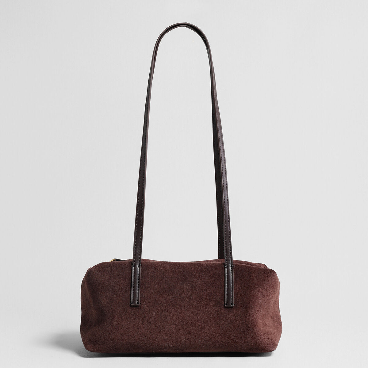 Suede Leather Structured Bowling Bag - Chocolate