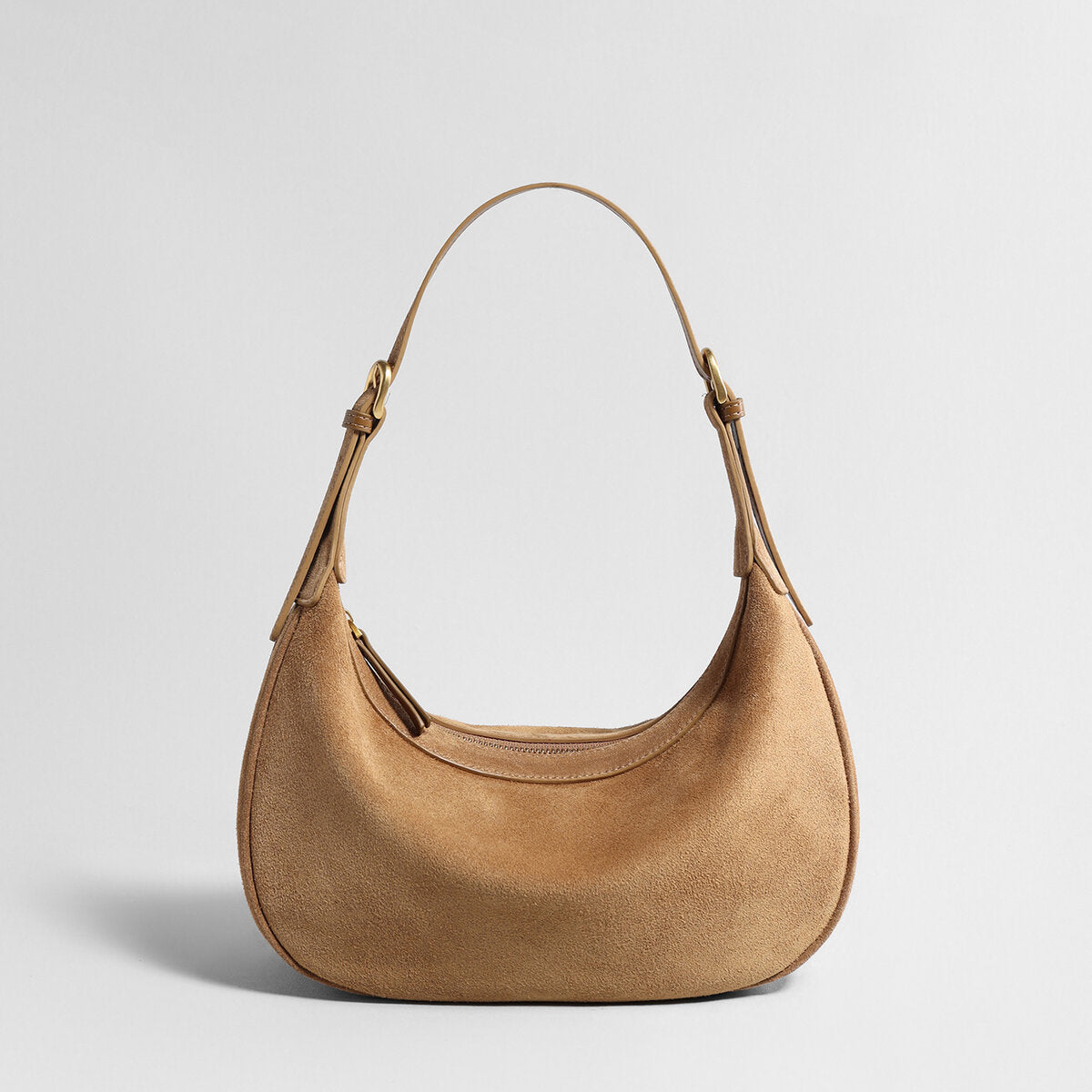 Suede Leather Crescent Hobo Bag - Camel