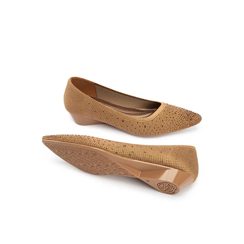 Rhinestone Gradient Knit Pointed Toe Wedge Flats - Tan