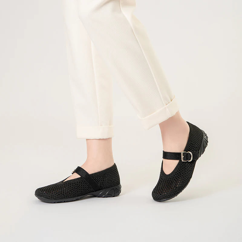 Heart Cutout Breathable Mesh Mary Jane Wedges - Black
