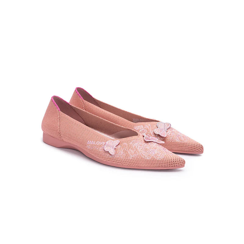 Butterfly Floral Knit Pointed Toe Ballet Flats - Coral