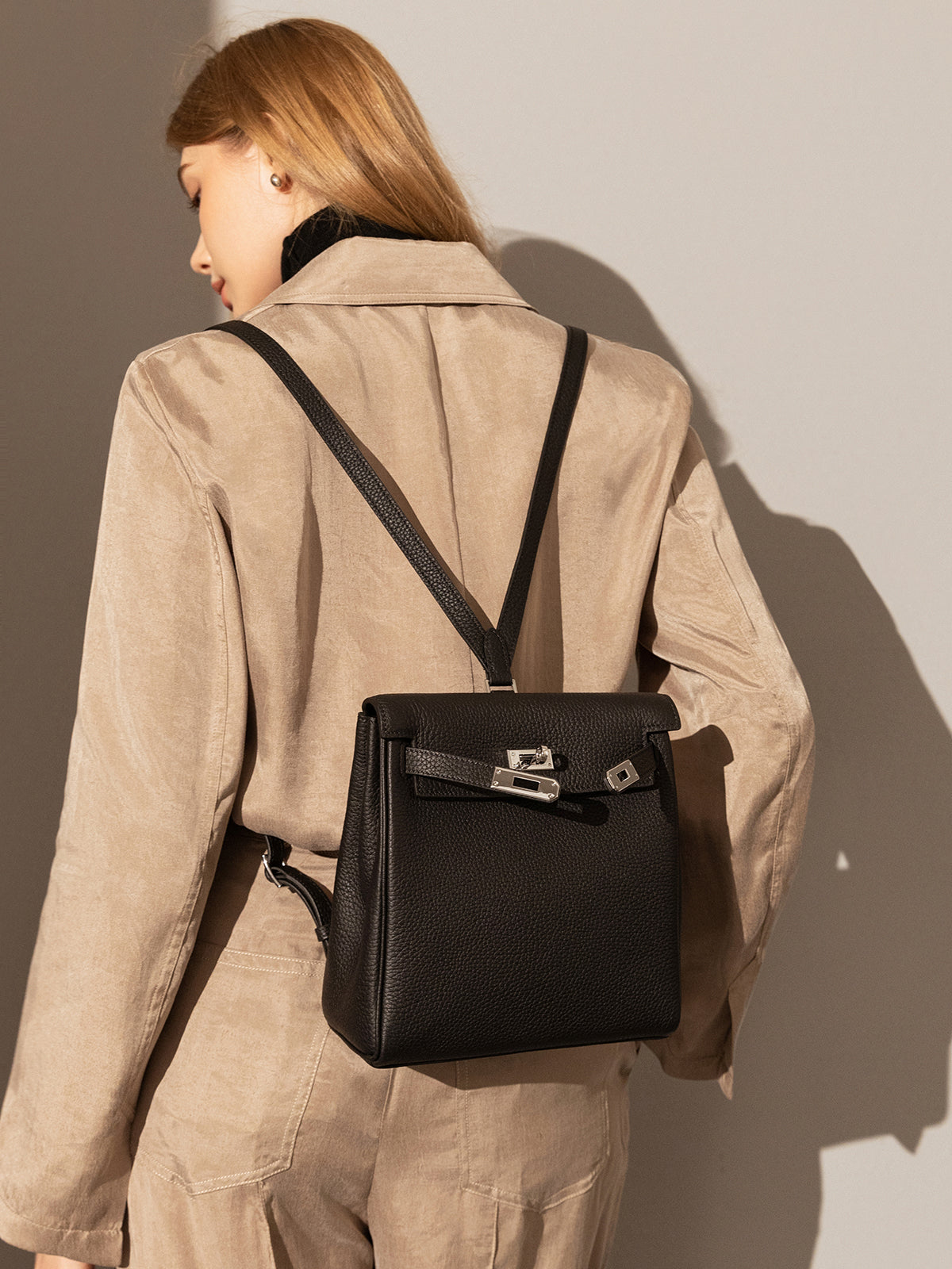 Madison Structured Leather Convertible Backpack - Black