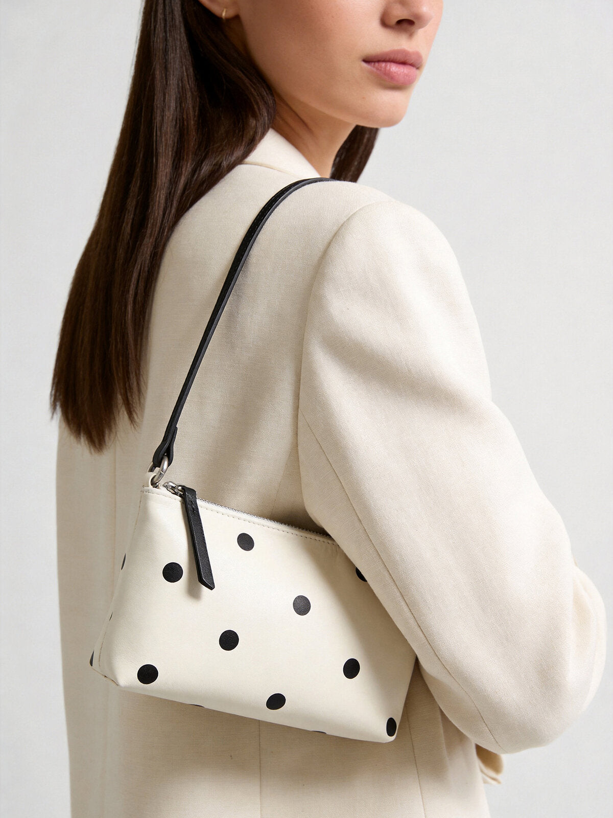 Polka Dot Leather Baguette Bag - Ivory