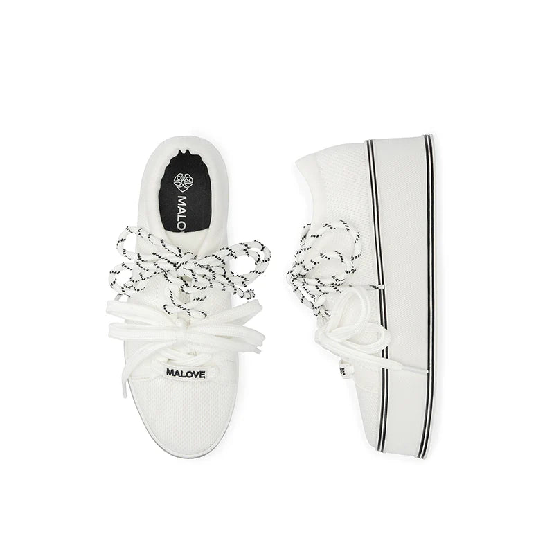 Dual Lace Platform Knit Sneakers - White