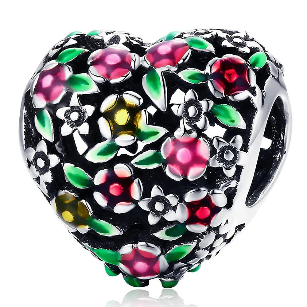 Solid 925 Sterling Silver Magnolia Bloom Heart Charm