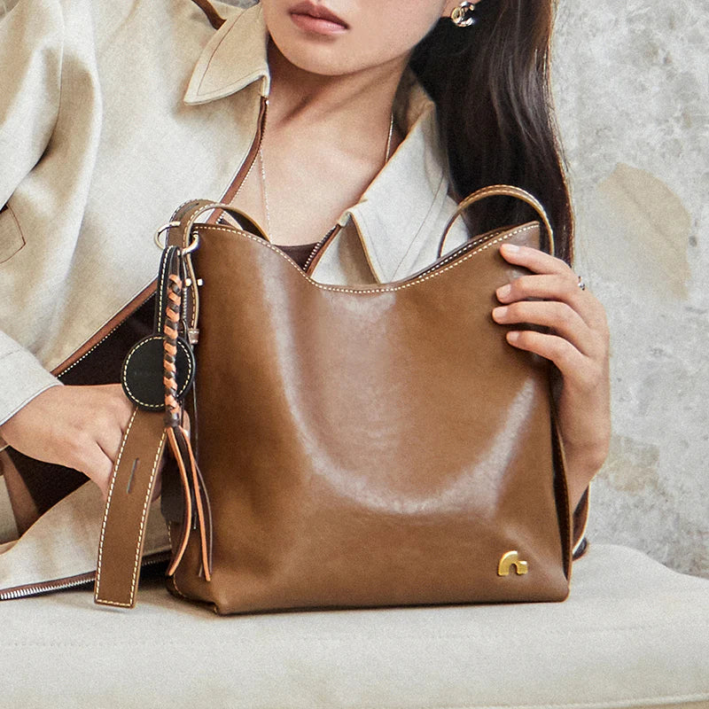Nalandu Vintage Leather Large Capacity Tote Bag - Brown