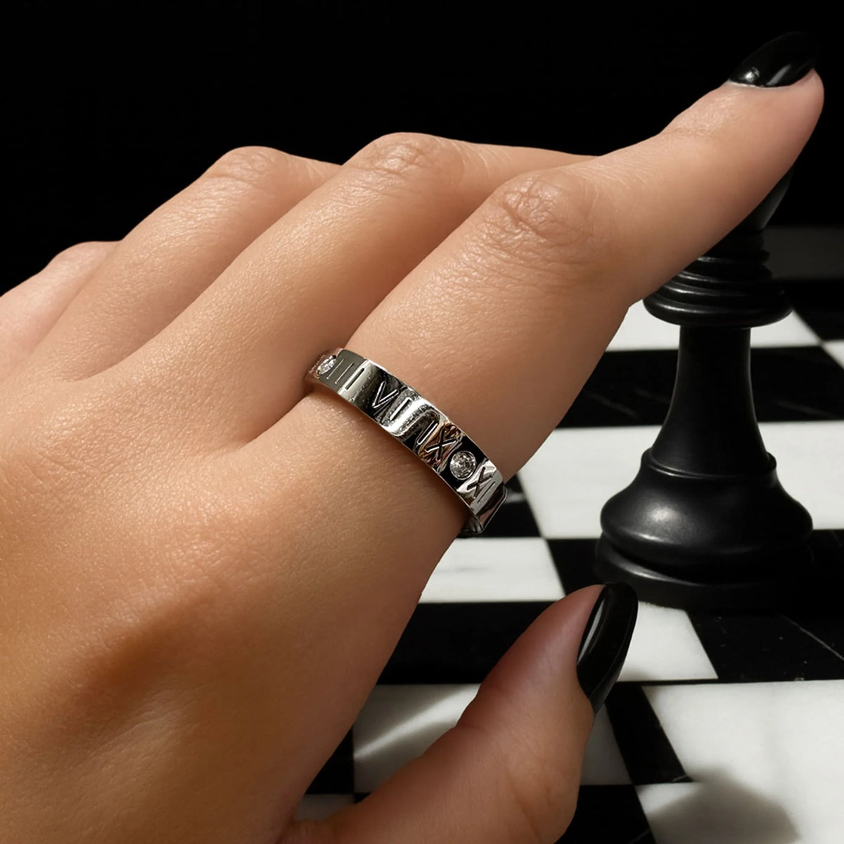 Bullion Gold Romanian Numeral Ring in White Gold