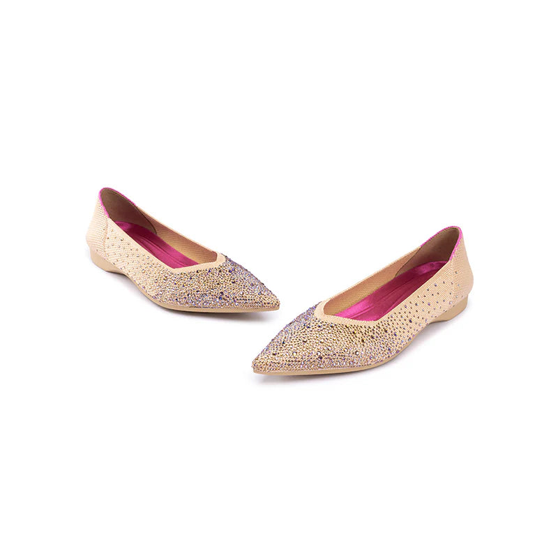 Rhinestone Knit Pointed Toe Ballet Flats - Apricot