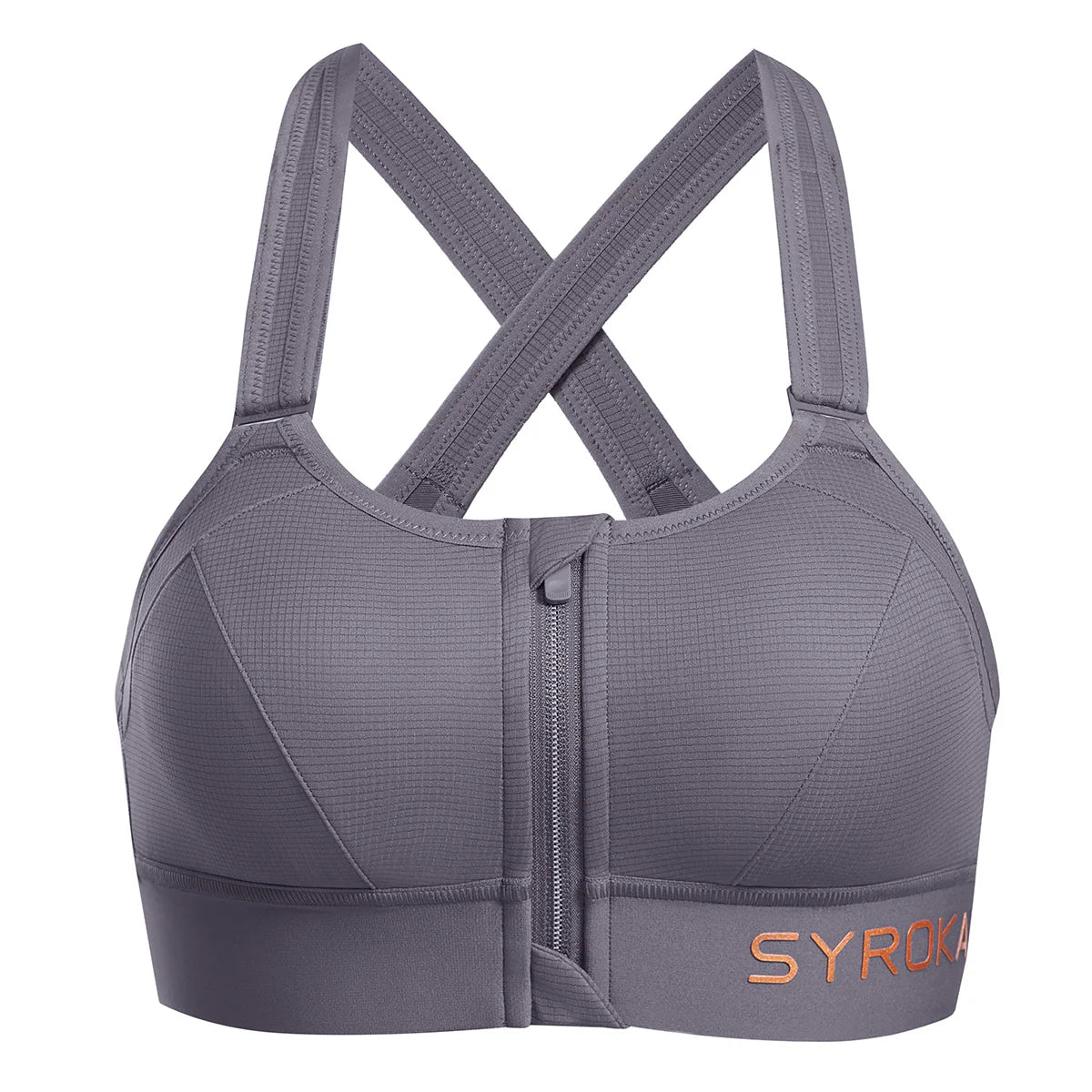 Zip Front Large Padded High Impact Sports Bra - Grey